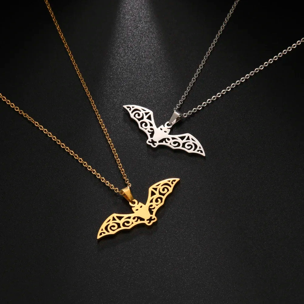 Skyrim Hollow Pattern Bat Stainless Steel Necklace for Women's Fashion Retro Punk Gothic Halloween Animal Hip Hop Jewelry Gift