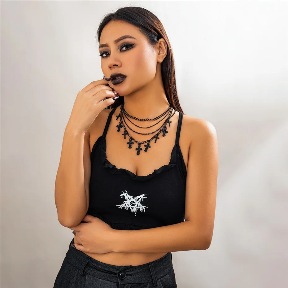 4Pcs Goth Black Cross Jesus Tassel Pendant Choker Necklace for Women Punk Metal Clavicle Chain Halloween Jewelry Y2K Accessories - Charlie Dolly