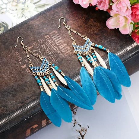 Feather Colorful Bead Long Tassel Earrings Jewelry