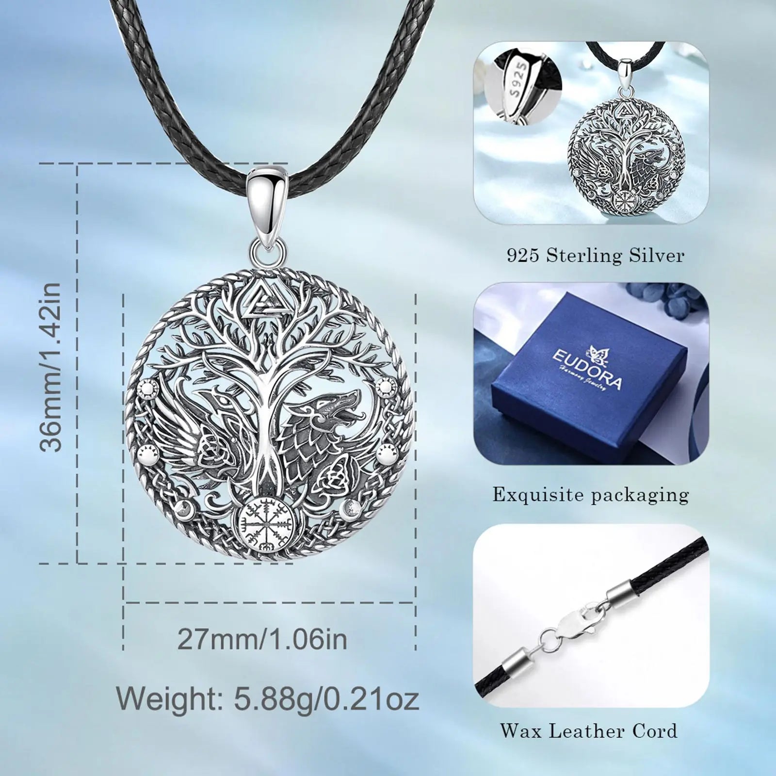 Eudora 925 Sterling Silver Viking Raven Wolf Necklace for Women Man Compass Tree of Life Amulet Pendant Personality Jewelry Gift