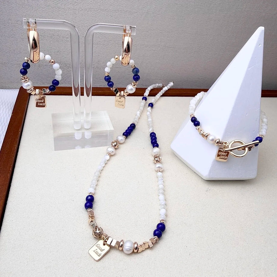 Lapis Lazuli Freshwater Pearl Metal Combined Jewelry Set Necklace Bracelet Earrings 3Piece Set Minimalist Luxury Niche High End - Charlie Dolly