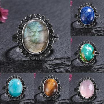 Vintage Oval Natural Stone Rings for Women Retro Black Plated Flower Labradorite Lapis Lazuli Tiger Eye Pink Quartz Boho Jewelry
