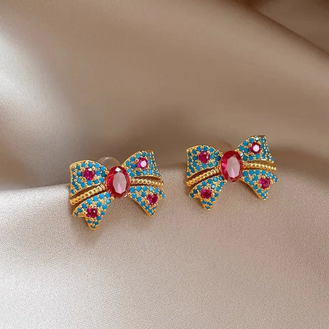Red Crystal Zircon Bow Earrings Jewelry