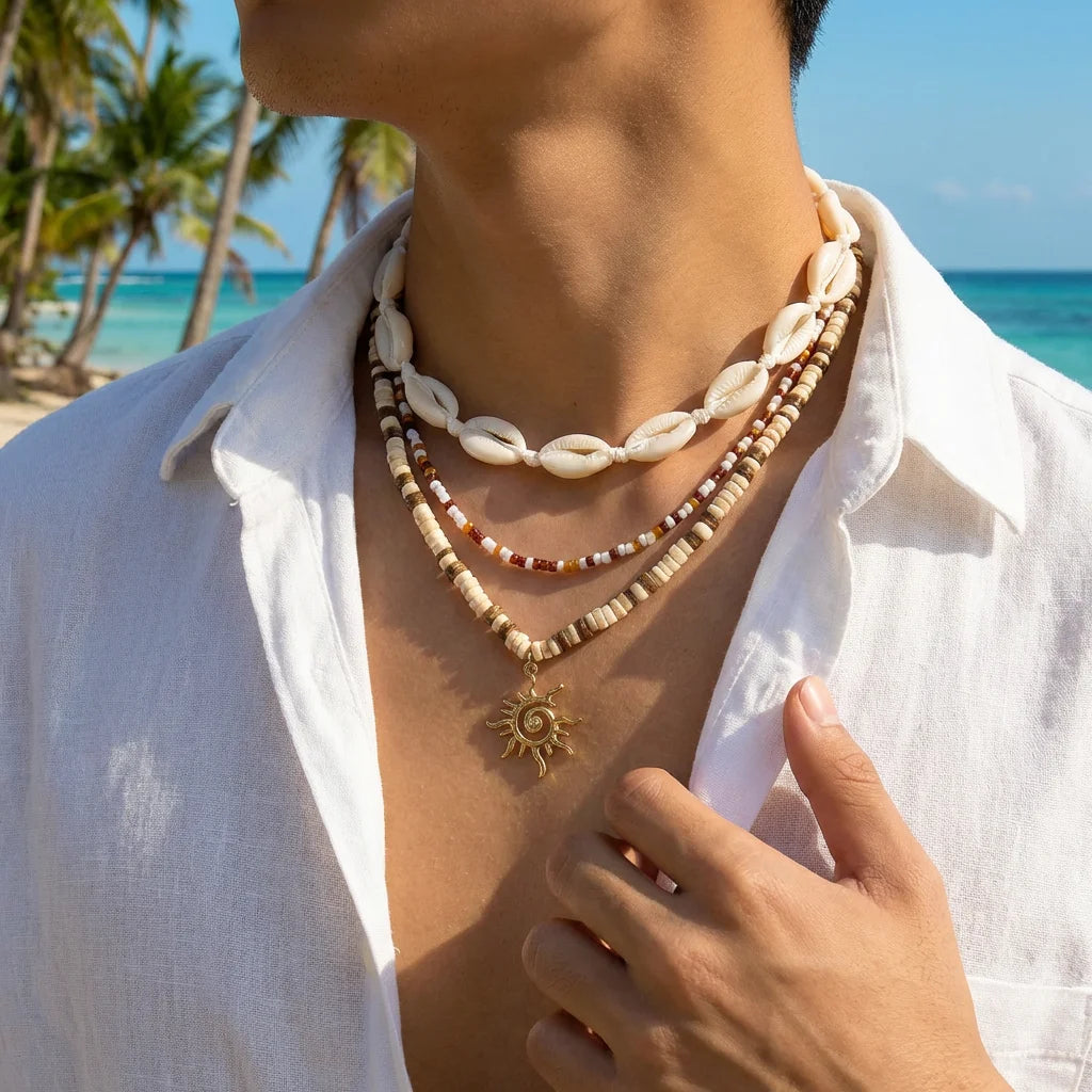 Cowrie Shell Wood Bead Sun Layered Necklace Jewelry