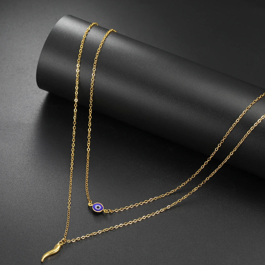 Italian Horn & Evil Eye Double Layer Necklace, Spiritual Protection Amulet