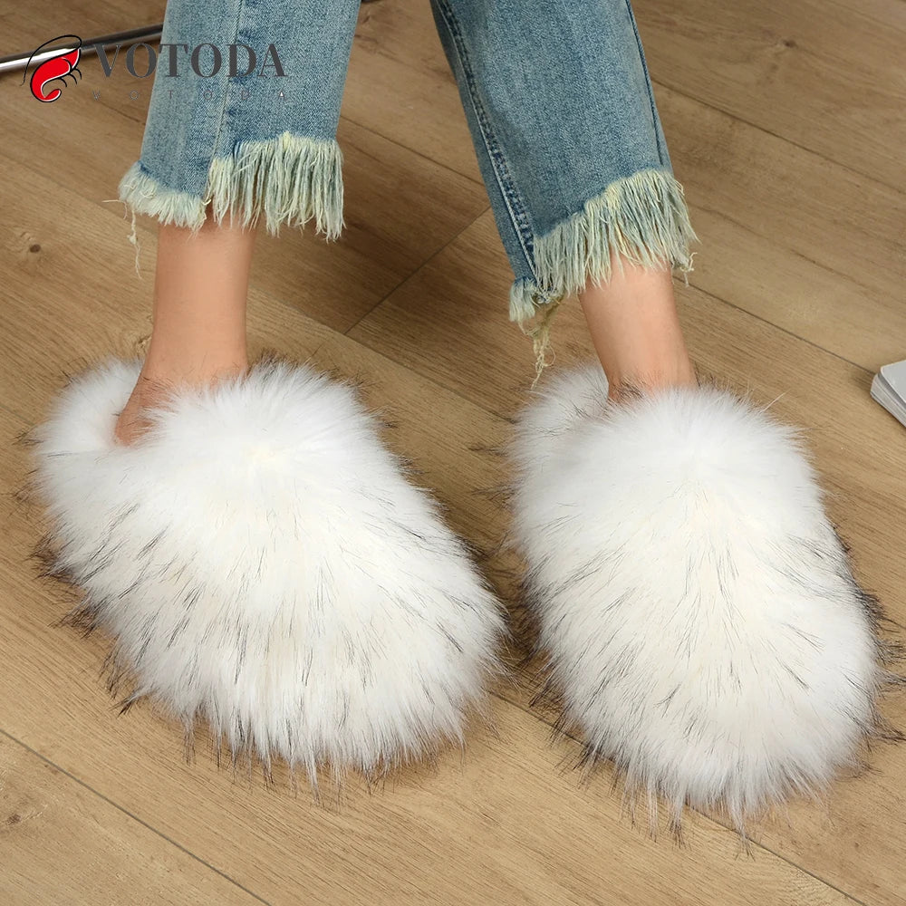 New Winter Women Fur Slippers Furry Raccoon Fox Fur Slides Faux Fur Plush Fuzzy Flip Flop Warm Fluffy Slipper Luxury Shoes Woman - Charlie Dolly