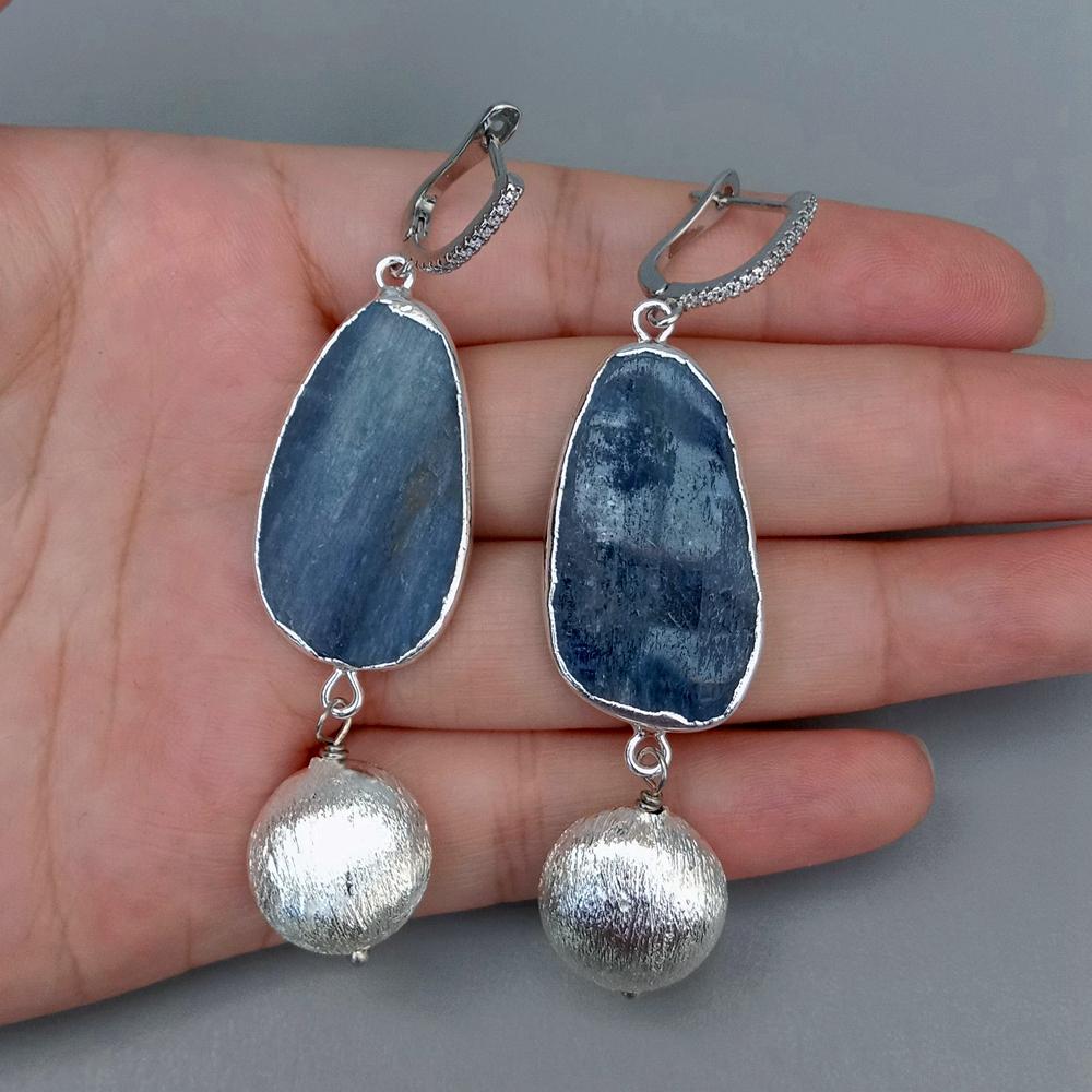 YYGEM Natural Natural Blue Kyantie With Electroplated Edge Silver Color Brushed Bead gold plated leverback Earrings