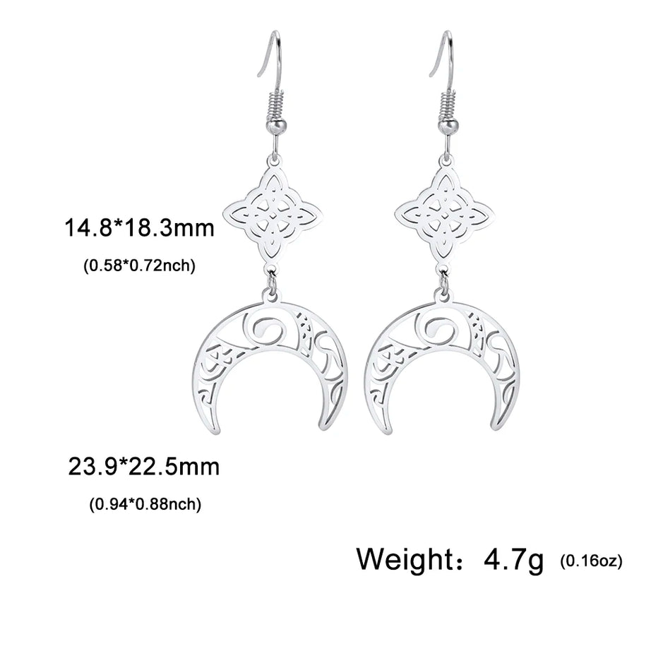Triple Moon, Rune & Pentagram Hoop Earrings, Stainless Steel Witchy Amulet