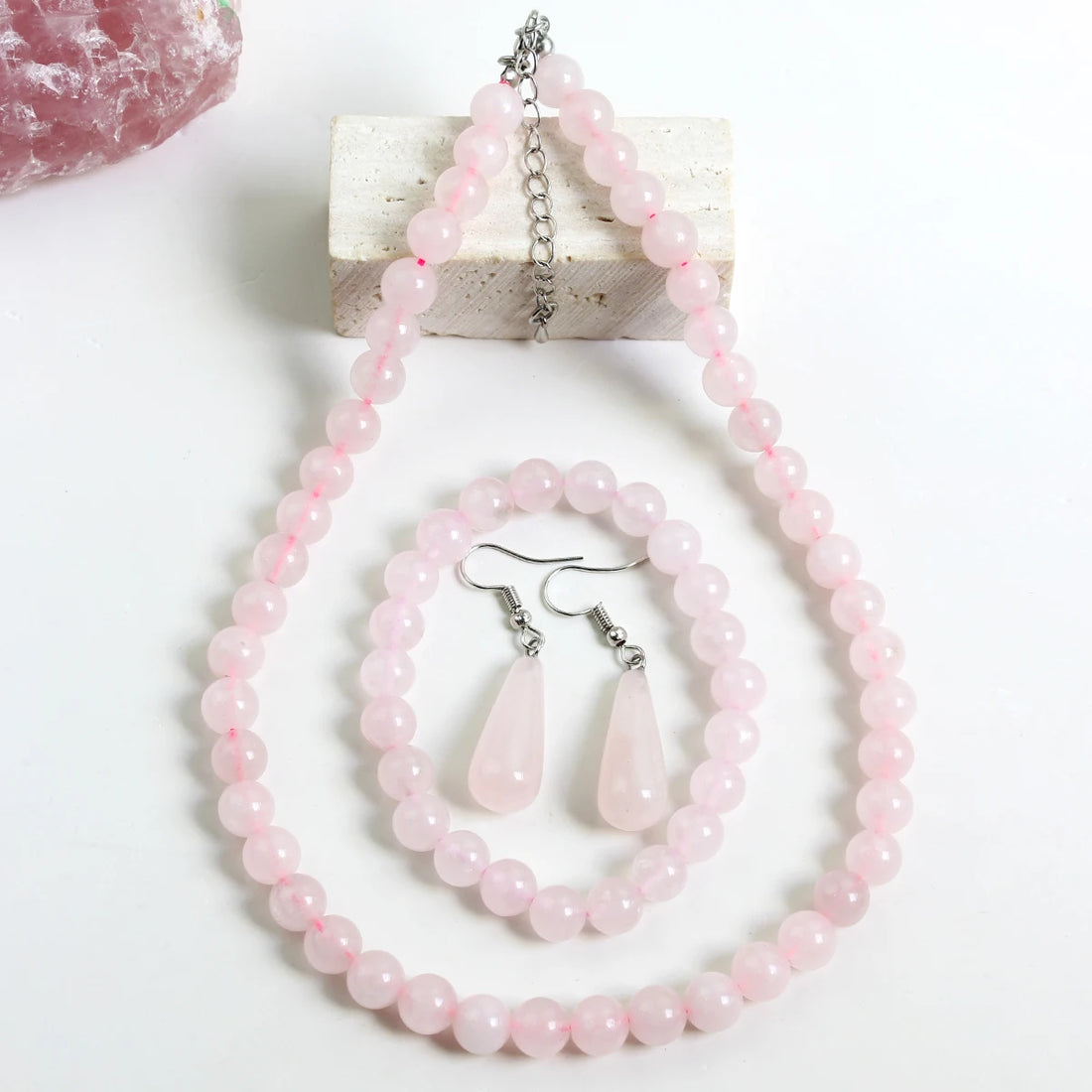 3PCS Natural Stone Rose Quartz Round Beaded Necklace Bracelet Earrings Jewelry Set Boho Women's Sweet Handmade Accessories - Charlie Dolly
