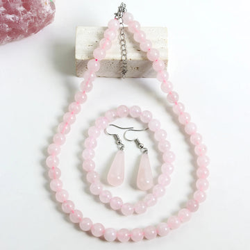 3PCS Natural Stone Rose Quartz Round Beaded Necklace Bracelet Earrings Jewelry Set Boho Women's Sweet Handmade Accessories