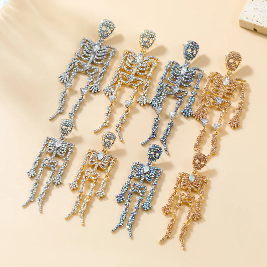 Fashion Metal Crystal Skeleton Dangle Earings for Women's Halloween Funny Simple Design Jewelry Party Accessories