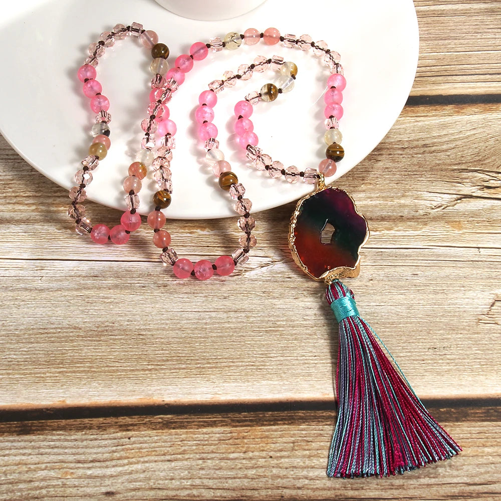 Knotted Druzy Stone Tassel Necklace Jewelry