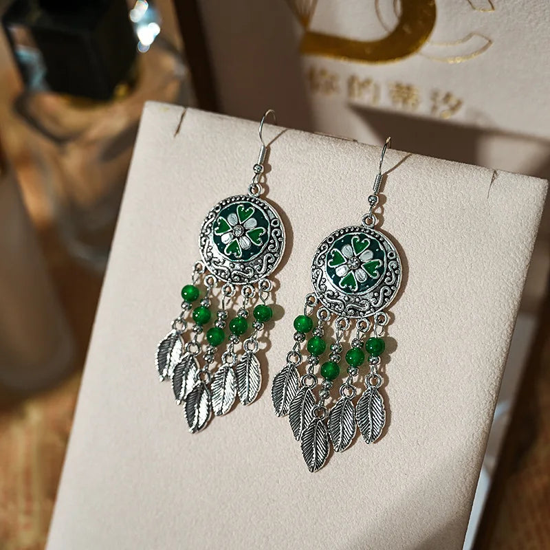 Fashion Boho Green Enamel Feather Earrings for Women Elegant Crystal Bead Stone Water Drop Earring Vacation Party Daily Jewelry