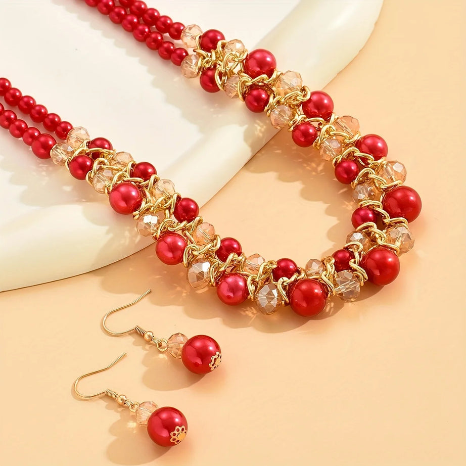 Gemstone Double Layer Necklace Earring Set Jewelry