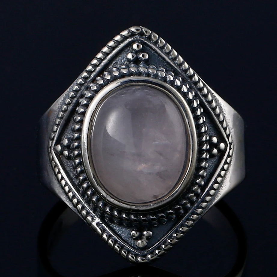 Natural Rose Quartz Oval Gemstone Ring - Vintage Boho Silver Plated Handmade Jewelry for Women Gift Party & Daily Wear - Charlie Dolly