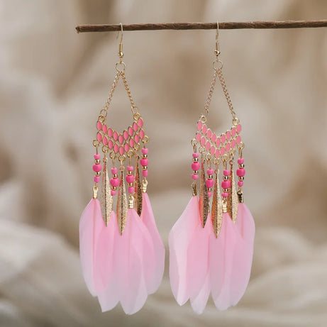 Feather Colorful Bead Long Tassel Earrings Jewelry