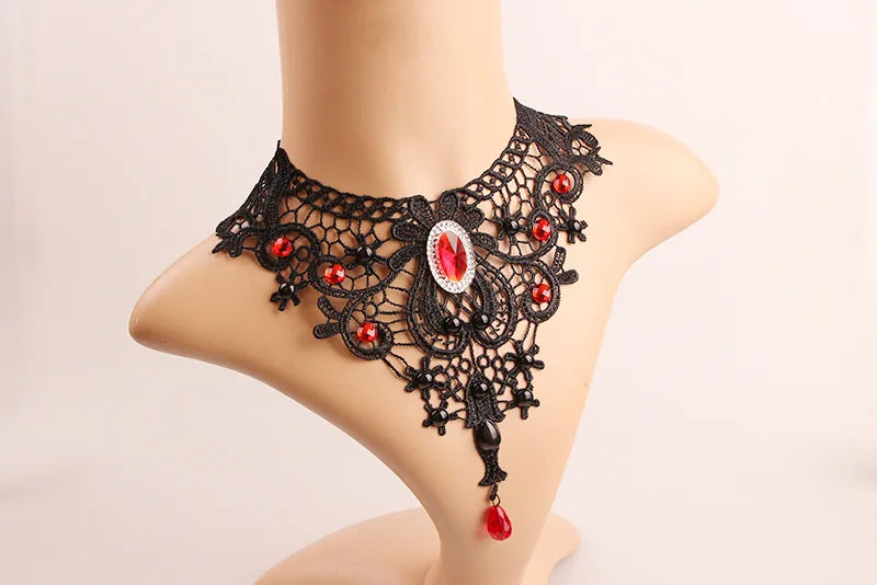 Gothic Chokers Black Beaded Flowers Sexy Lace Neck Choker Necklace Vintage Tassel Chain Women Steampunk Halloween Jewelry - Charlie Dolly