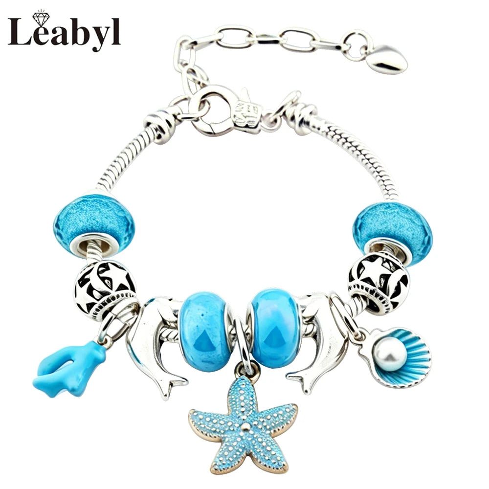 Boho Blue Enamel Dolphin Starfish Shell Bead Pendant Bracelet Silver Color Marine Life DIY Charm Jewelry for Summer Holiday Gift