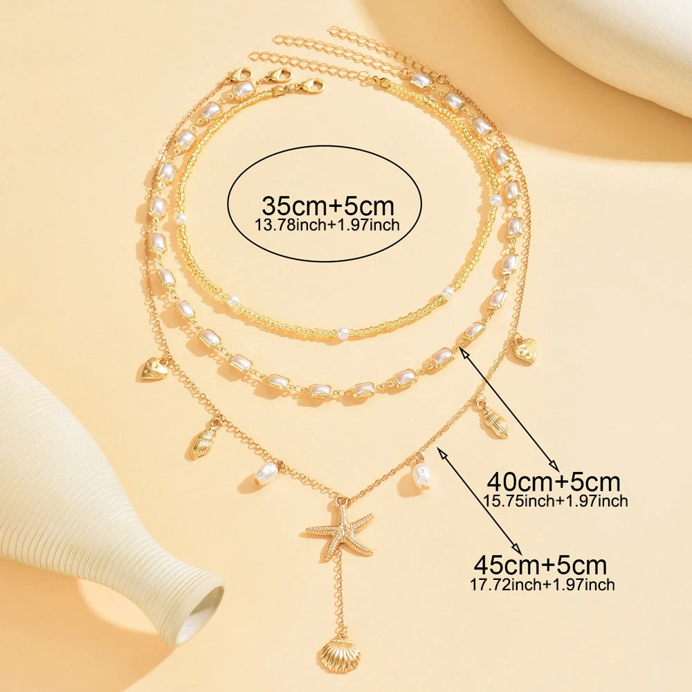 3Pcs Layered Cowrie Shell Imitation Pearl Necklace Set Starfish Shell Pendant Boho Summer Beach Jewelry for Women