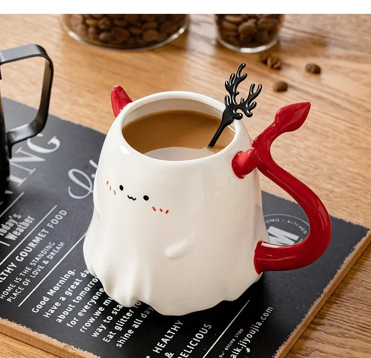 1pc 16oz Large Ceramic Halloween Devil Mug Adorable Cartoon Ghost Elf Kawaii Elves Porcelain Tea Cup Drinkware Gift for Kids - Charlie Dolly