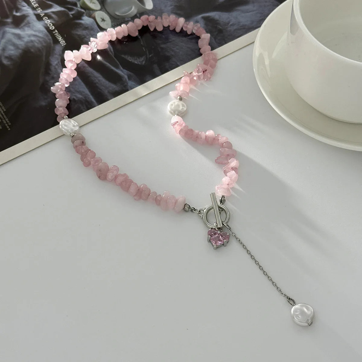 Boho Pink Zircon Heart Circular Imitation Pearl Pendant Necklace 2026 Sweet Natural Stone Chain Style Girls Fashion Jewelry