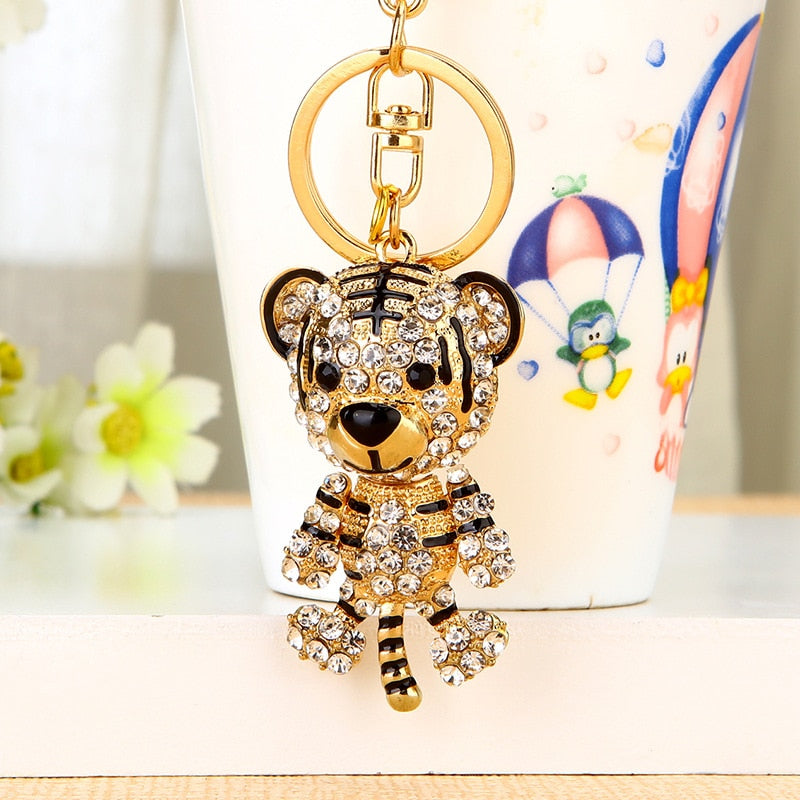 High-end zodiac little tiger car keychain female cute goldfish pendant metal key chain ring rhinestone gift