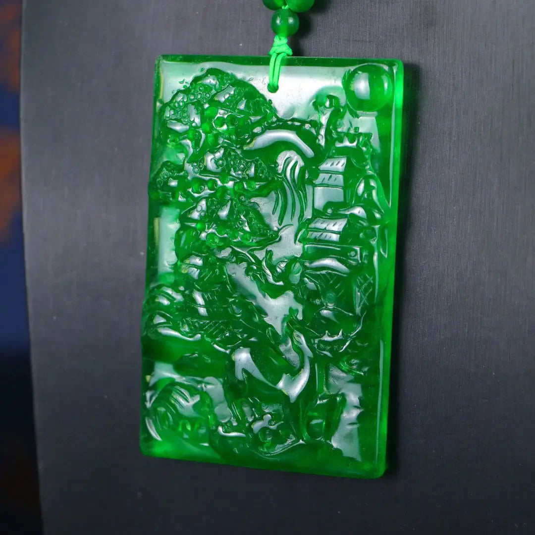 Myanmar ice species full green jadeite carving landscape landscape brand pendant