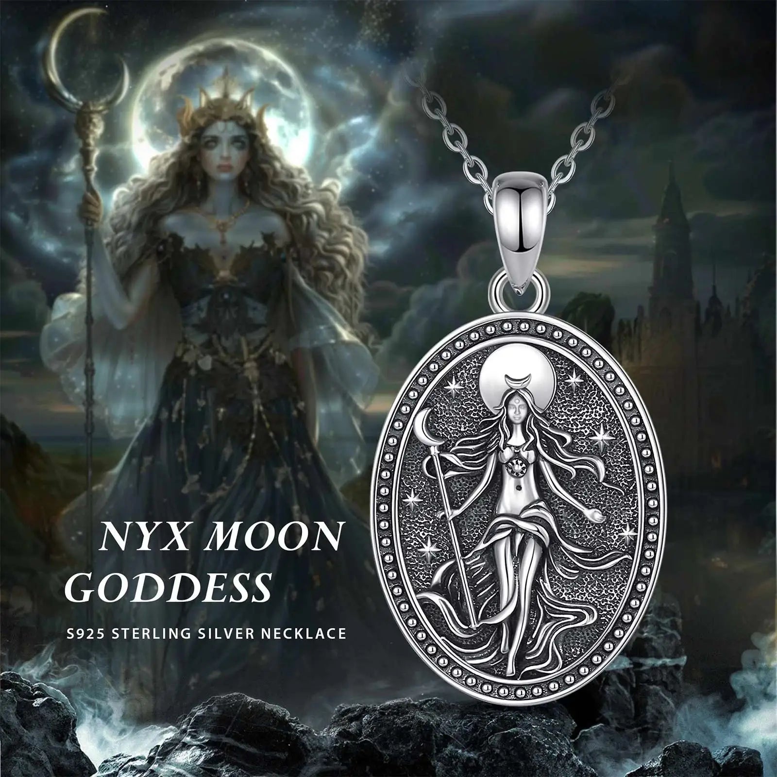 Eudora 925 Sterling Silver NYX Moon Goddess Necklace Wicca Pagan Amulet Pendant Hellenic Jewelry Fine Gift for Women Men