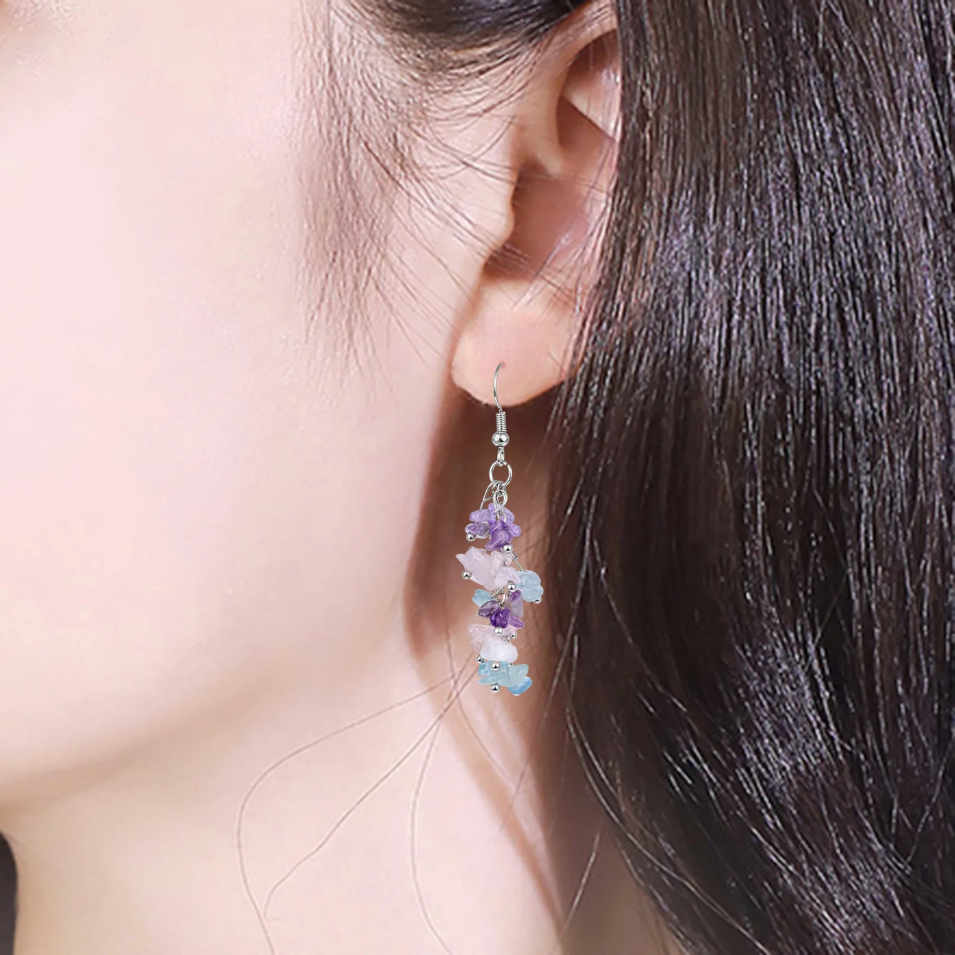 Crushed Crystal Grape Cluster Tassel Earrings, Natural Stone Boho Wedding Jewelry