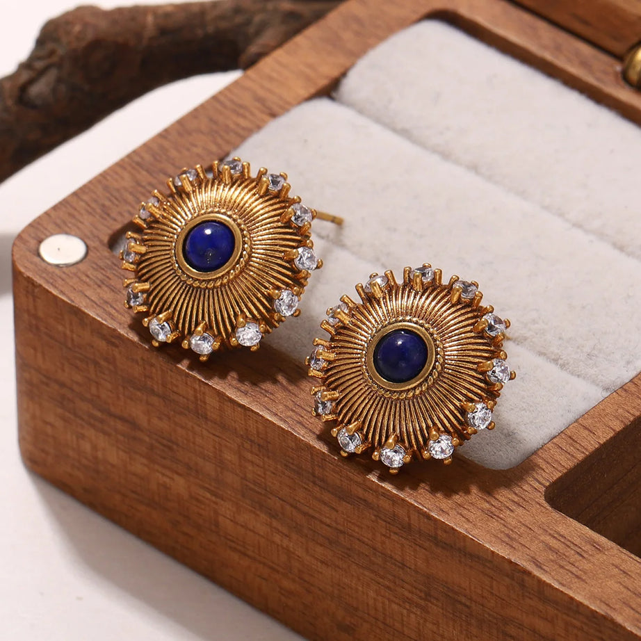 Women's Vintage Gold Plated Lapis Lazuli Sunburst Stud Earrings with Zircon Crystal Accents, Fashion Jewelry Gift - Charlie Dolly