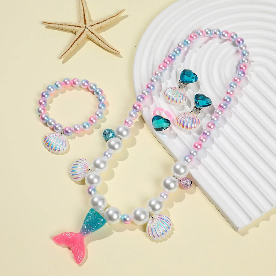Princess Mermaid Shell Charm Necklace and Bracelet Set (5 Pieces)