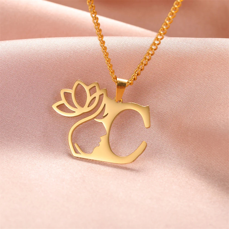 Lotus Flower Initial Letter Pendant, Personalized Stainless Steel Necklace