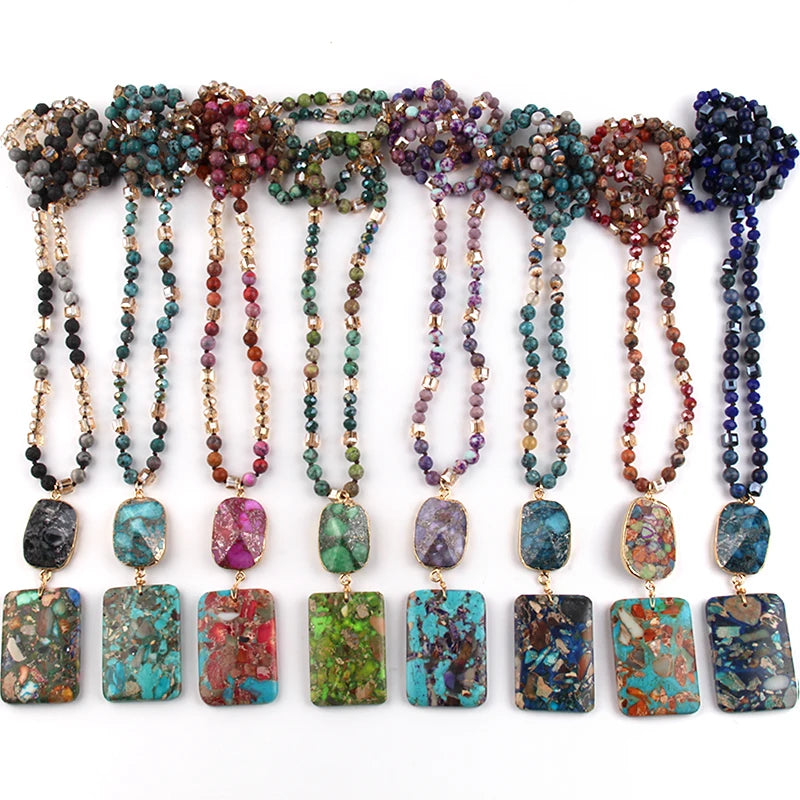 RH Fashion Bohemian Jewelry Natural Stones Crystal Stone Knotted Semi Precious Stone Boho Multi Pendant Necklace Women Gift