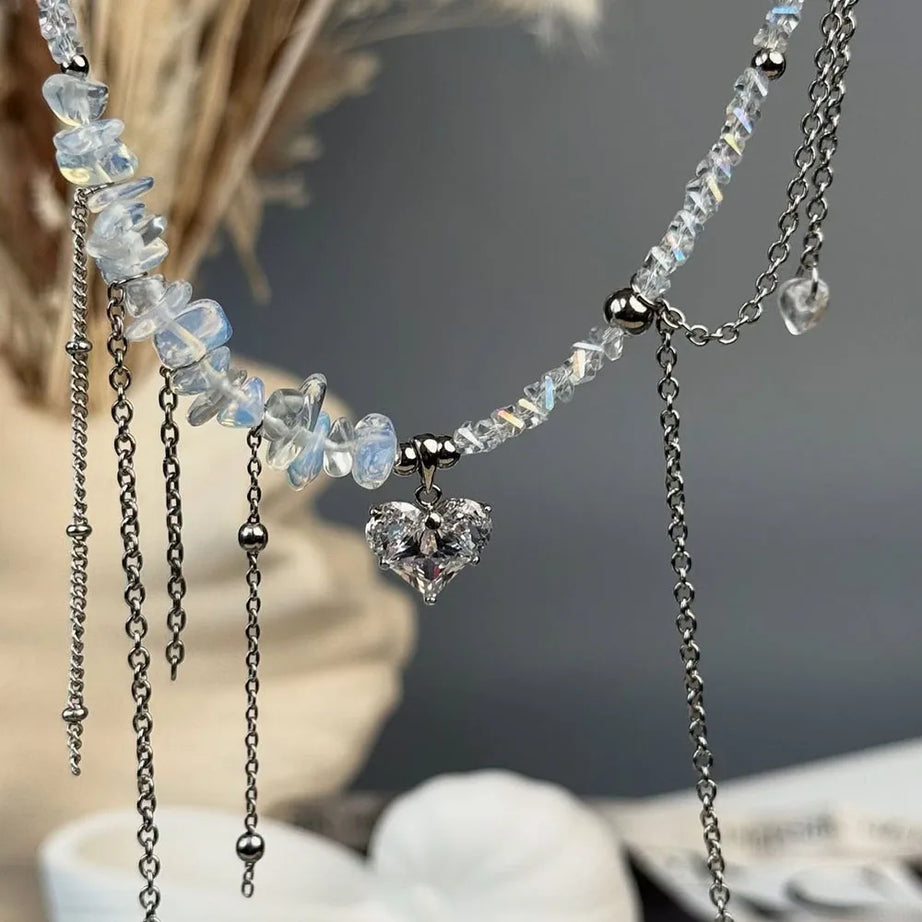 Purple Stone Zircon Heart Tassel Necklace Jewelry