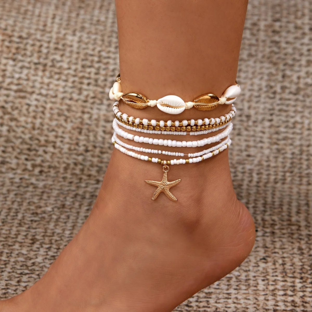 Multilayer Metal Starfish Tassel Shell Rice Beads Anklet Set For Women Men Boho Beach Vacation Foot Chain Ankle Bracelet Jewelry