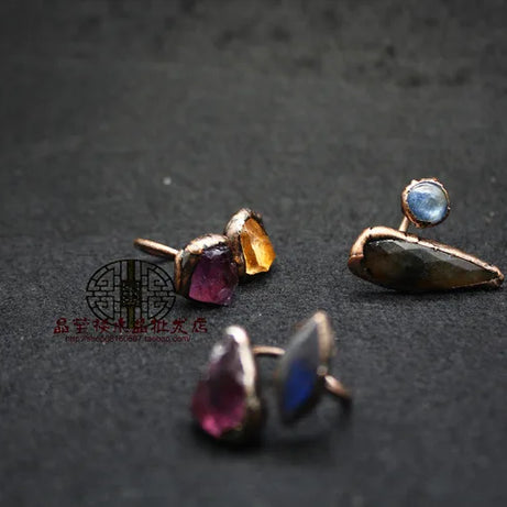 Natural Gem Raw Stone Amethyst Ring Crystal Bronze Plated Citrine Green Fluorite Boho Vintage Fashion For Women's Jewelry Gifts - Charlie Dolly