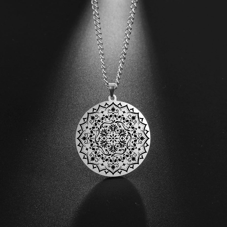 Lotus Chakra Mandala Pendant Necklace, Stainless Steel Buddhist Hindu Meditation Amulet