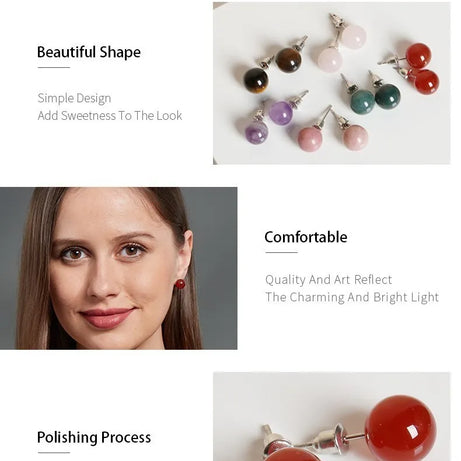 Natural Stone Agate Quartz Lapis Lazuli Tiger Eye Round Bead Stud Earrings Women Fashion Simple Stainless Steel Crystal Ear Stud - Charlie Dolly