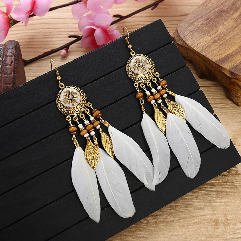 Bohemian Vintage Jewelry For Women Trendy Carved Leaf Feather Tassel Long Earrings Boho Flower Beads Handmade Wedding Earrings