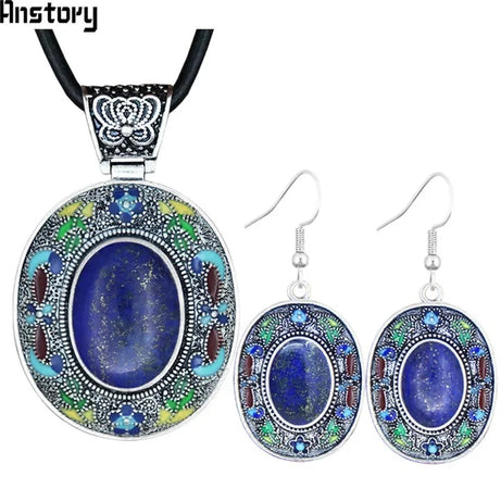 Vintage Oval Lapis Lazuli Jewelry Sets Natural Tiger Eey Unakite Quartz Necklace Earrings Bohemia Fashion Jewelry TS456 - Charlie Dolly