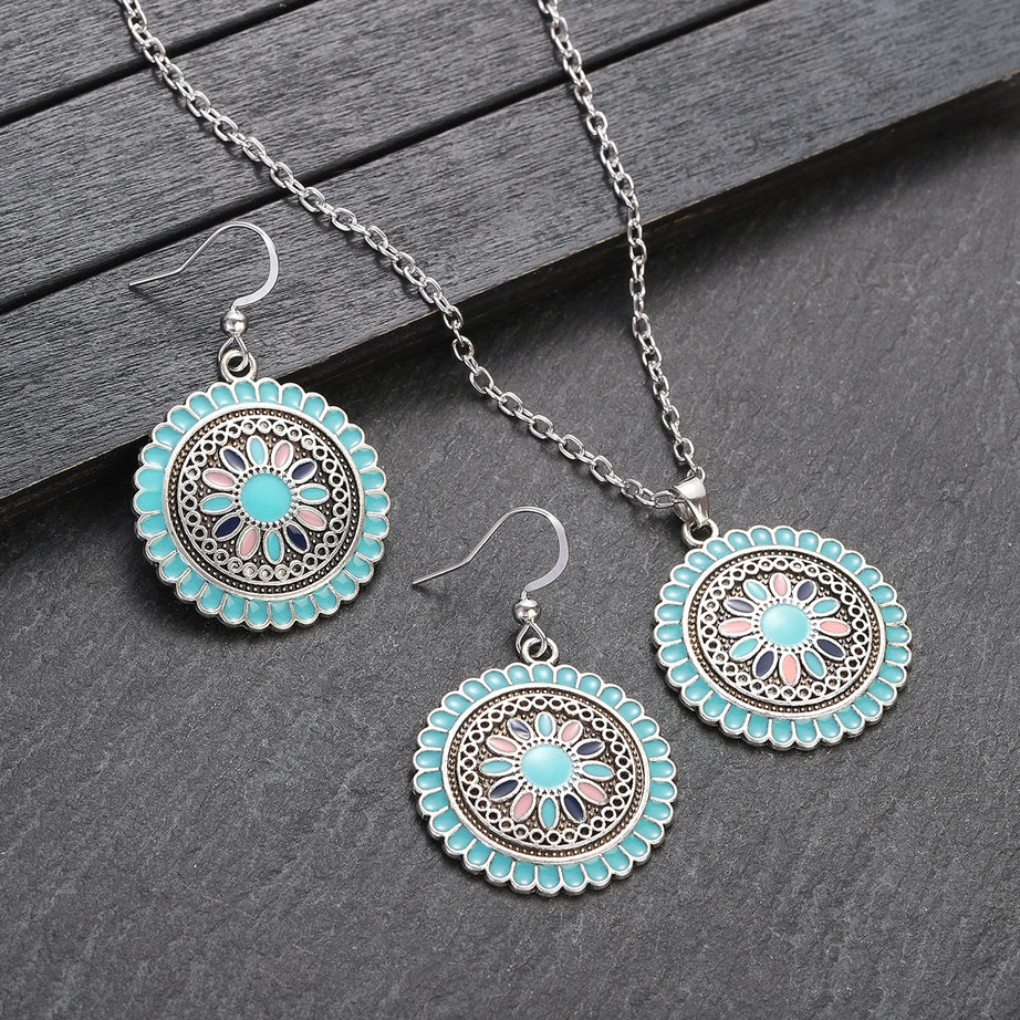 Colorful Bead Flower Necklace Earring Set Jewelry