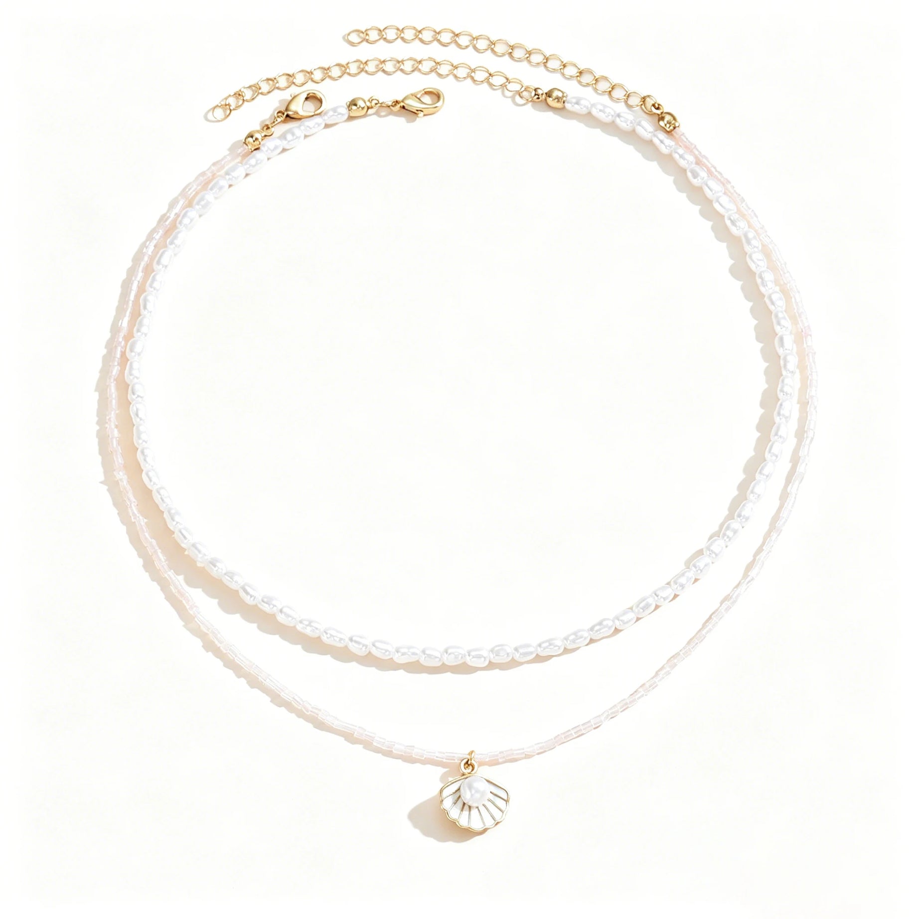 Glass Bead Pearl Shell Layered Necklace Set Jewelry