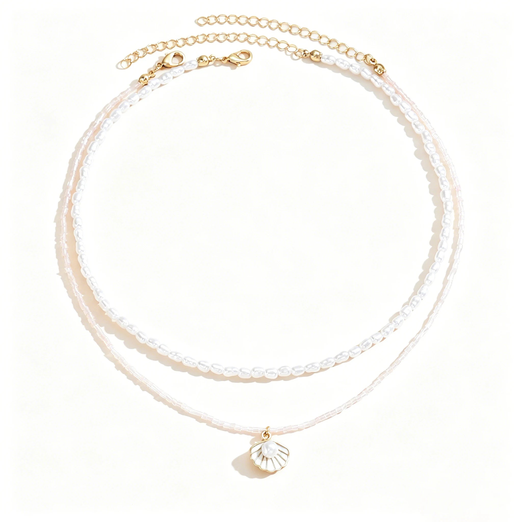 Glass Bead Pearl Shell Layered Necklace Set Jewelry