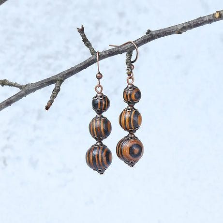Wooden Bead Flower Leaf Long Tassel Earrings Jewelry
