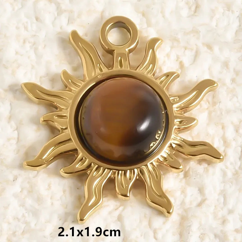 5pcs Real Natural Stone Tiger Eye Charm Sun Eye Oval Boho Pendant Gold Color Stainless Steel Pendants For Jewelry Making Finding