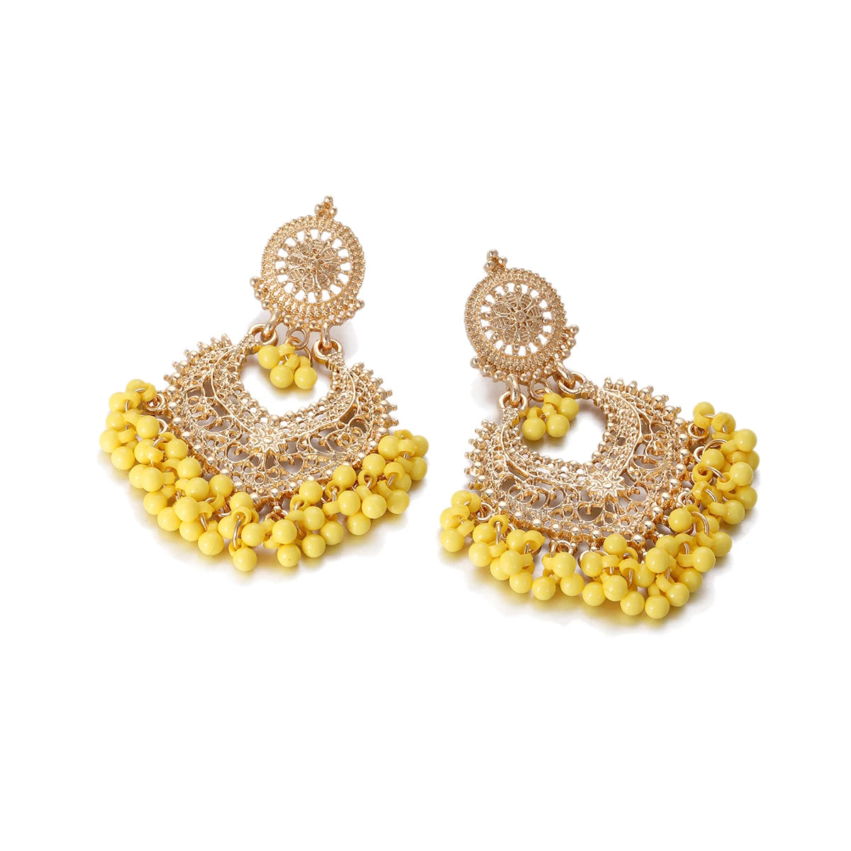Boho Gold Color Heart Shape Carved Flower Dangle Earrings for Women Indian Jhumka Earrings Retro Pink Beads Tassel Jewelry 2023