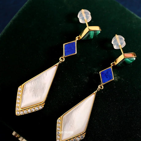 GEEZENCA Malachite Lapis Lazuli Shell 925 Silver Dangle Earrings For Women Unusual Geometric Natural Stone Drop Earring Gift - Charlie Dolly
