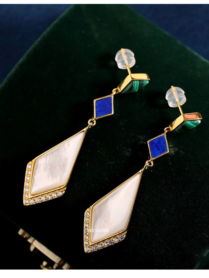 GEEZENCA Malachite Lapis Lazuli Shell 925 Silver Dangle Earrings For Women Unusual Geometric Natural Stone Drop Earring Gift