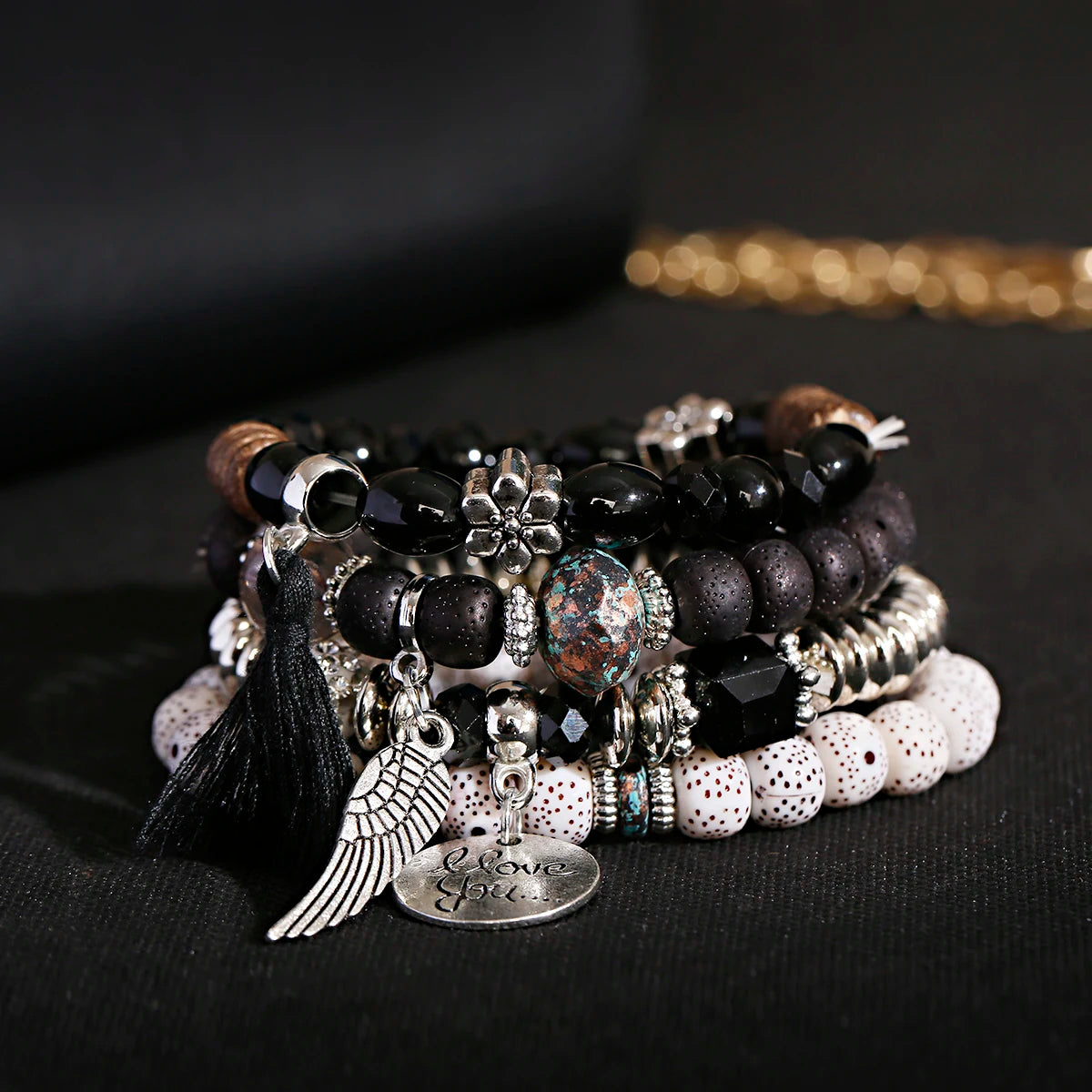 New Bohemian White Beads Tassel Bracelets Set Women Natural Lava Stone Alloy Wing Pendant Charm Bangle Boho Jewelry