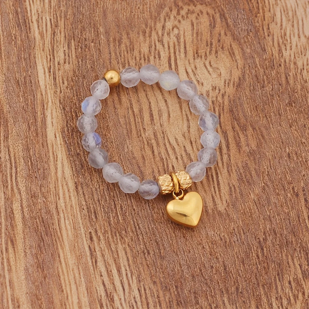 Boho Nature Crystal Beaded Ring Love Heart Amethyst Moonstone Turquoise Faceted Stone Stretchy Adjustable Women Jewelry Gift